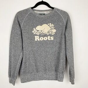 Roots Canada Beaver Crewneck Pullover Sweater Women‎ Small Heather Gray Terry